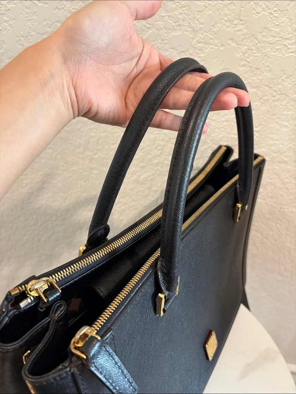 MCM Black Structured Satchel Bag with Gold Hardware